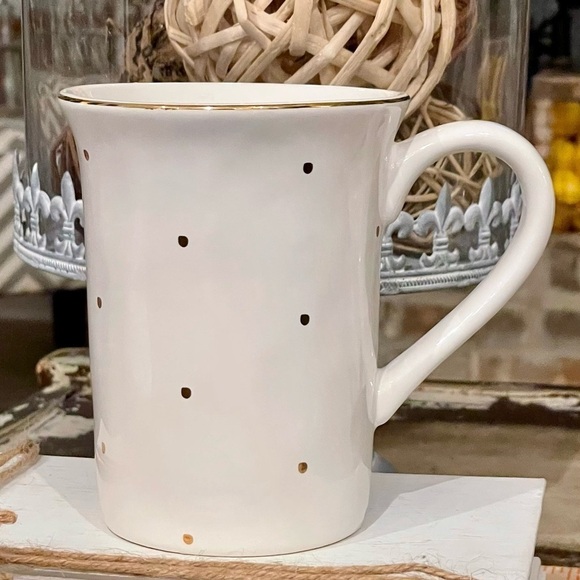 MUDPIE Glossy White Mug Accented w/Metallic Gold Raised “Jingle”, Dots, & Rim - Picture 2 of 4